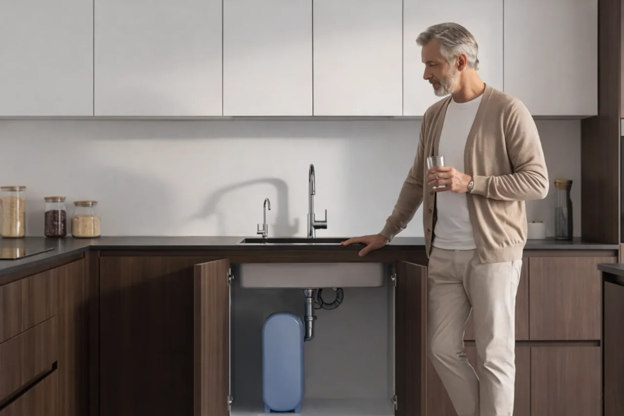 Equipo de ósmosis inversa instalado bajo el fregadero de una cocina.