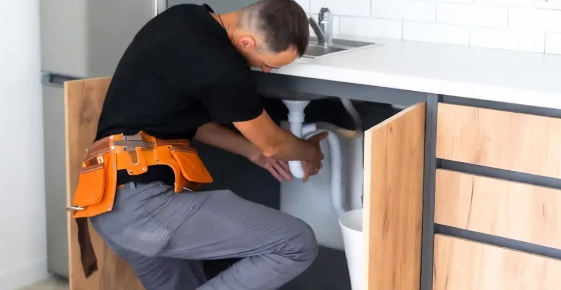 Técnico reparando la instalación de agua bajo el fregadero.